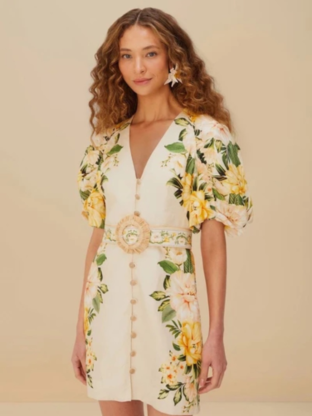 NWT FARM Rio Garden Cascade Sand Dress | Linen Cream and Yellow Floral